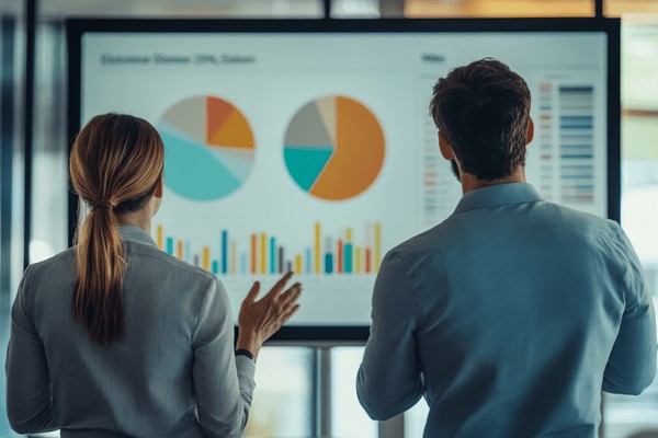 Two business professionals reviewing and discussing a projector screen showing charts and graphs