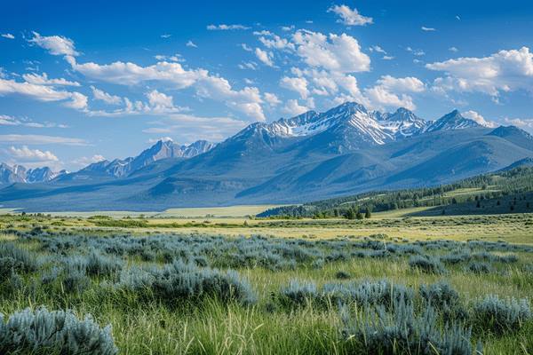 A frontier landscape of a grassy valley with snow-capped mountains in the distance