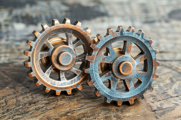 A set of simple, old gears on a wooden table