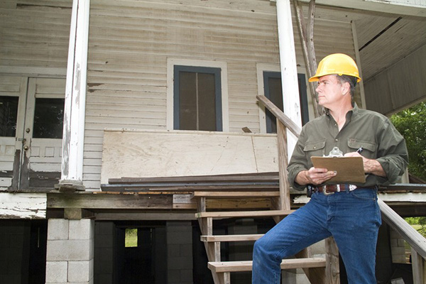 Man in hardhat with clipboard looking at damaged home