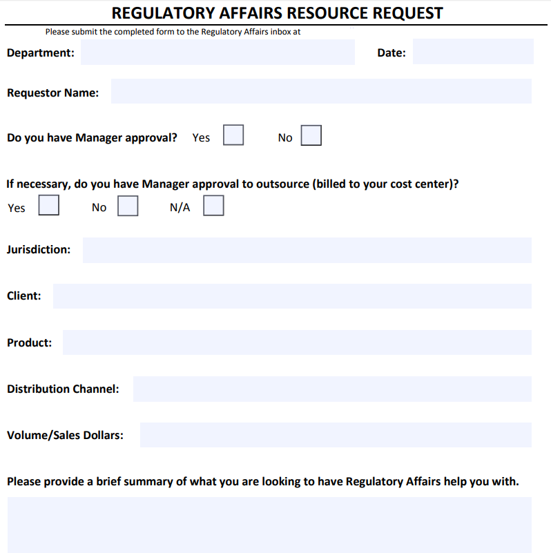 Regulatory Affairs Resource Request - Lunt - March 2018