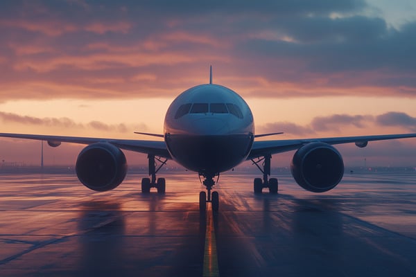 The front of an airplane resting on a runway