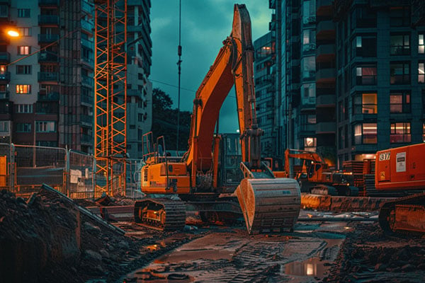 A construction site at night.