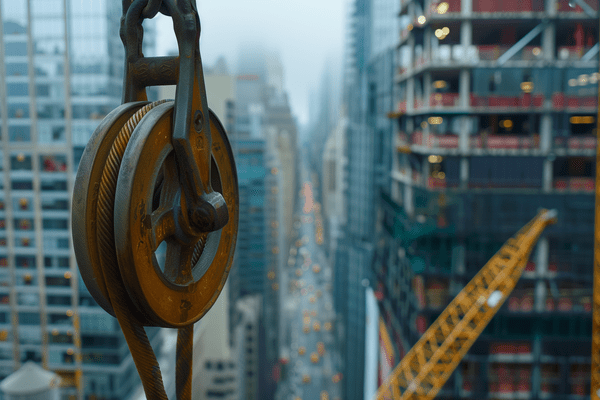 A wheel and rope pulley hangs from a high rise on a city construction site