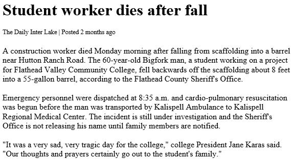 Student Worker Dies After Fall News Clipping
