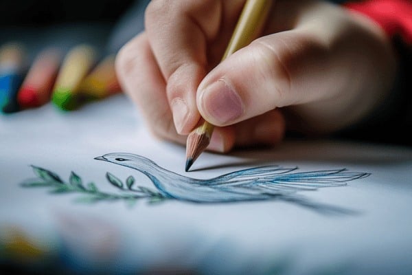 A close-up image of a child's hand drawing a dove with an olive branch