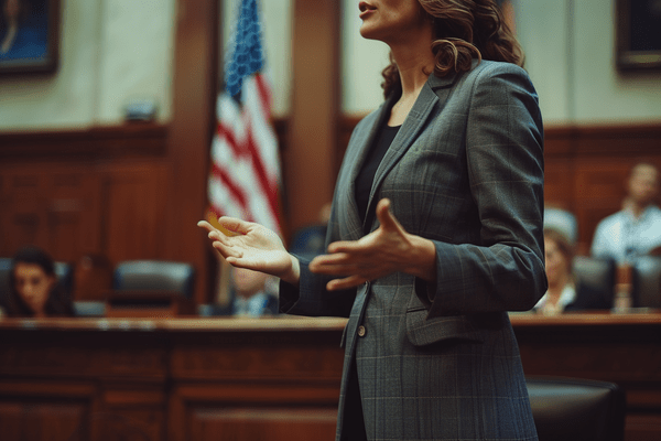 A close-up image of a lawyer  speaking in a courtroom with an American flag in the background