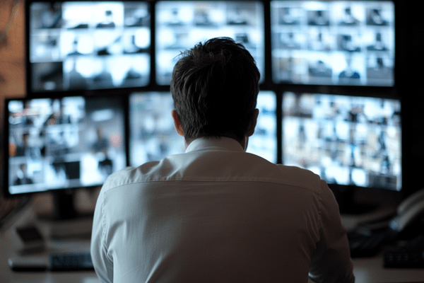 A photo from behind a businessman who is watching multiple computer screens filled with security camera views