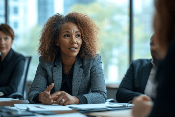 A businesswoman talks in an office with other professionals seated around her