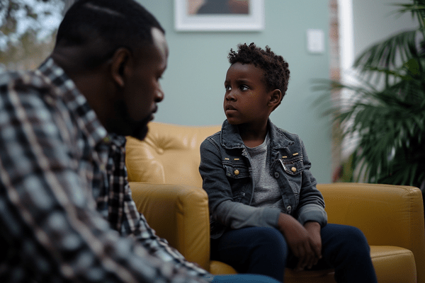 A young boy sits on a cushioned chair in a therapist's office next to his dad