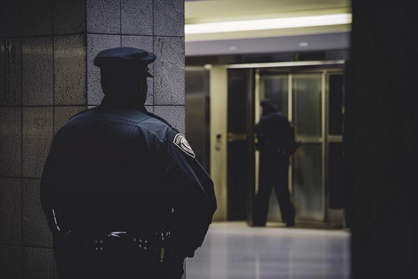 A police officer watching someone try to break in to a building.