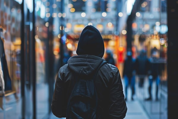 A view from behind a person in a black jacket and hood walking through a set of glass doors