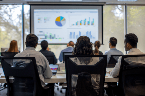 A view from behind a team in a meeting room facing a proector screen showing charts and graphs