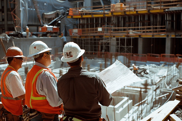 Three construction professionals talk and review a blueprint on a job site