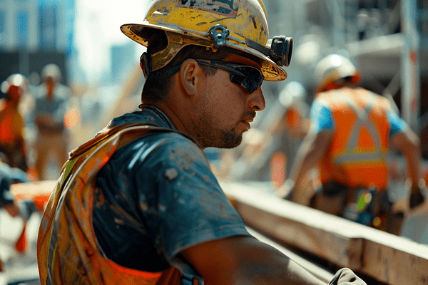 A construction worker in a hard hat, sunglasses, gloves, and an orange vest on a job site