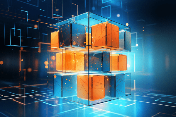 An abstract structure made  of blue and orange cubes