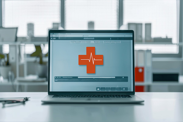 A medical cross on a laptop screen in an office setting.