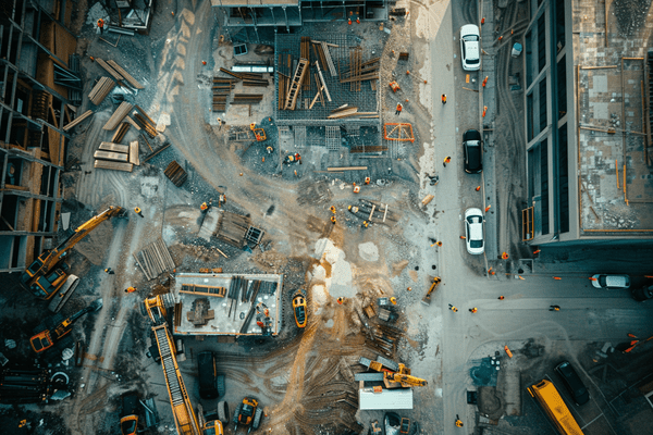 Bird's-eye view of a construction site with equipment and machinery