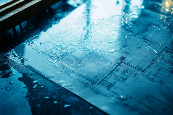 A construction blueprint soaked with water