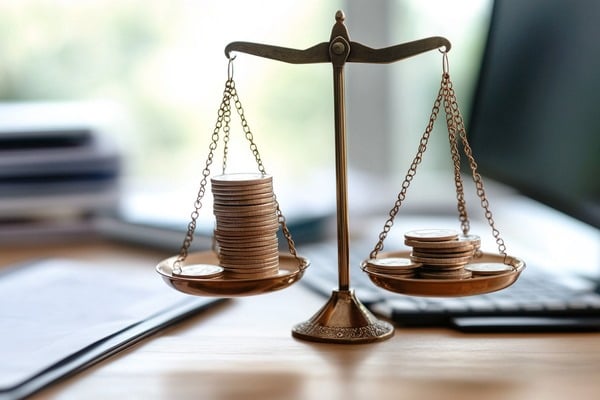 A balance scale with different amounts of coins on either side