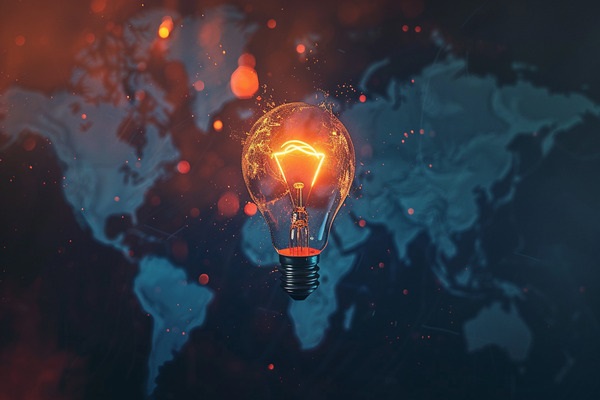 A glowing light bulb hovering in front of a dark blue map of the world