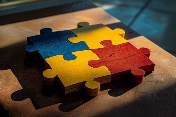 Four connected puzzle pieces on a table with edges that will allow more pieces for growth