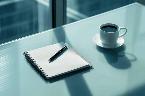 A blank notebook and pen sit next to a cup of coffee on an office desk