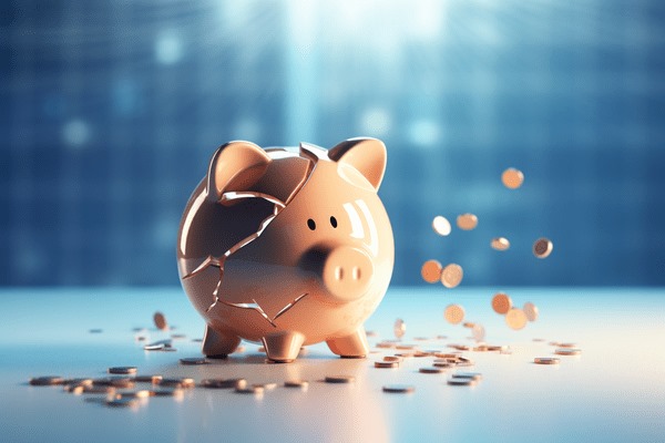 A cracked piggy bank sits on a table with coins surrounding it and falling out