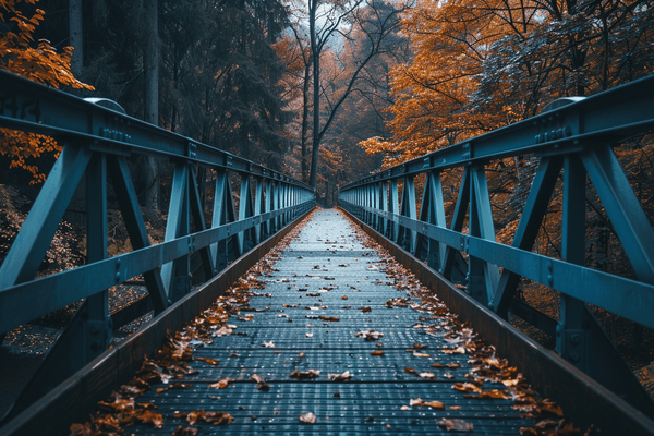 A view down the length of a bridge with autumn leaves all around