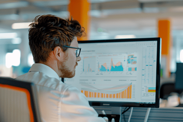 A young business professional reviews increasing graphs on his office computer