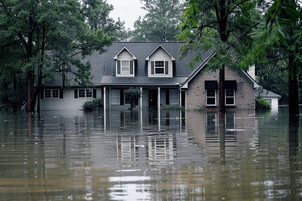 A street view of a home with flood waters at least one foot deep