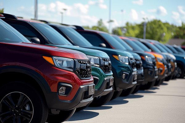 A parking lot line filled with new cars