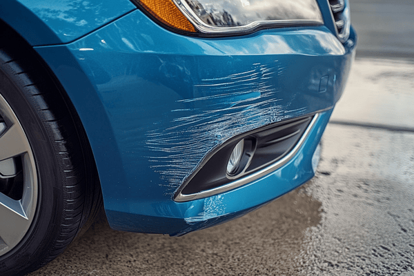 A close-up image of a scratched front bumper on a blue car