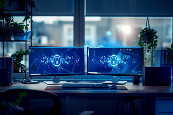 Two computer monitors showing cyber locks sit on a desk at home