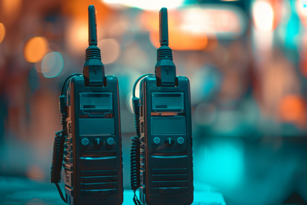 A pair of walkie-talkies sit on a table