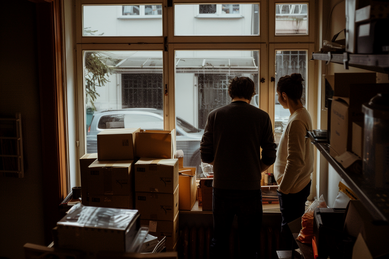 A couple stand in front of their home window while packing boxes