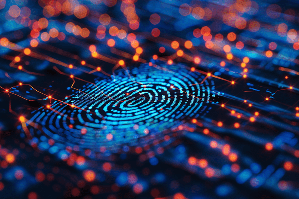 A blue fingerprint in an abstract cyber network