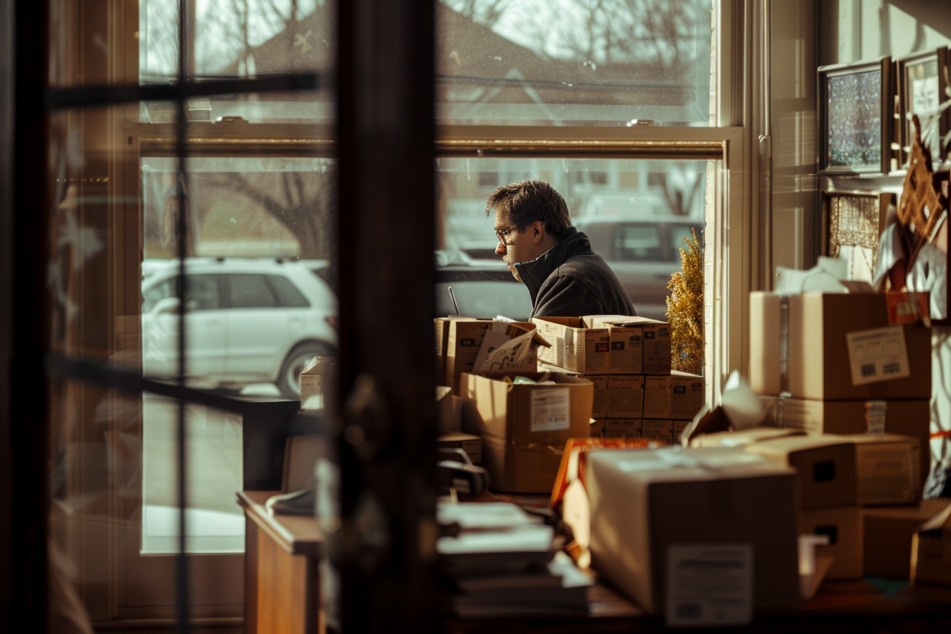a man sitting in a home office among shipping boxes for his business