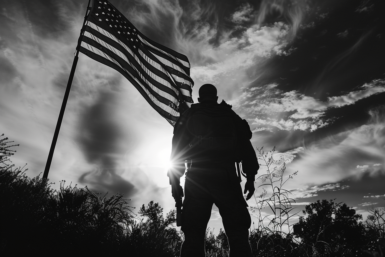 A military person looks up at the American flag as the sun is setting