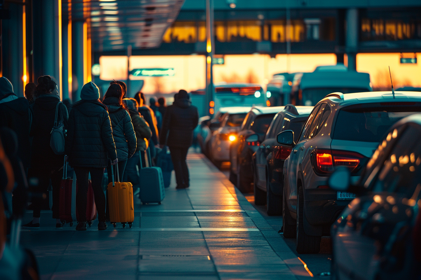 Line of passengers outside an airport terminal waiting for a ride