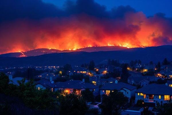 Awildfire burning on the hills over a neighborhood and smoke filling the sky