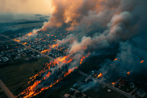 An aerial view of a wildfire burning through a town and smoke filling the sky