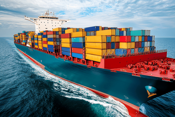 A close up of a full cargo ship at sea