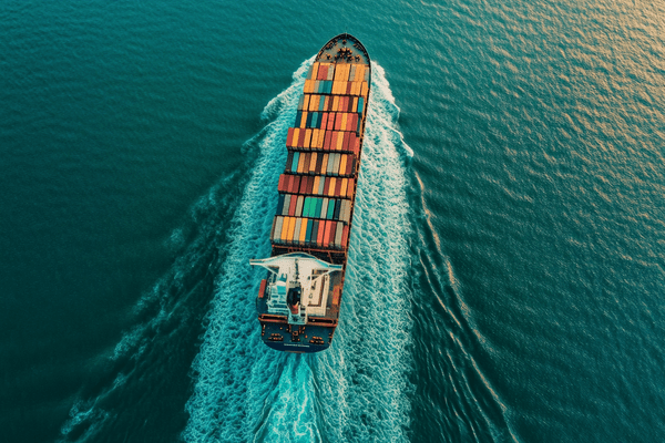 A aerial view of a cargo ship filled with shipping containers at sea