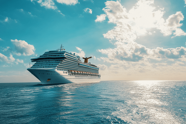 A cruise ship sailing at sea under a sunny sky