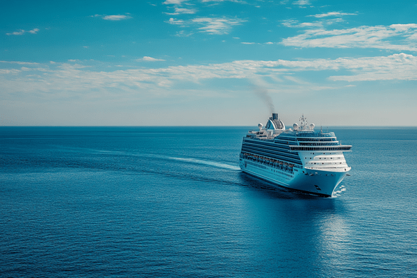 A cruise ship sailing at sea under a blue sky