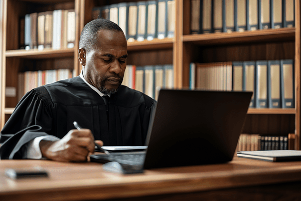 A judge sits at a desk with a computer and legal books are stacked on bookshelves along the wall