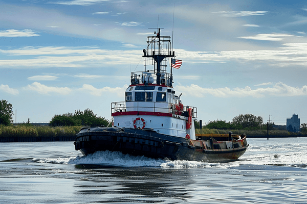 A tug boat with an American flag on water