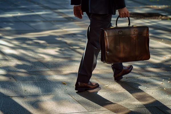 The lower half of a businessman walking to work while carrying a briefcase