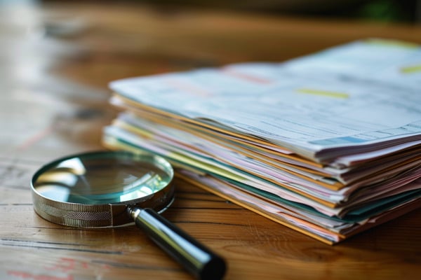 A magnifying glass sits on a wooden desk next to a stack of documents